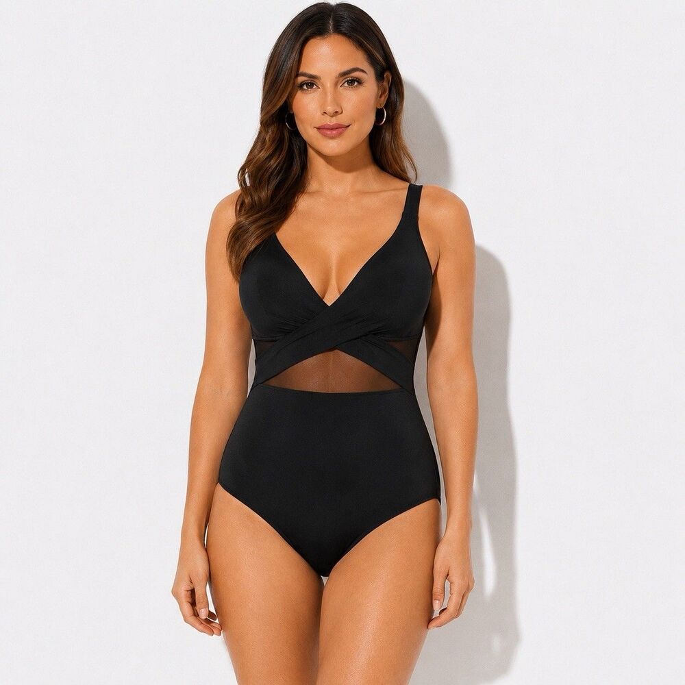 Black One Piece Swimsuit Underwire Mesh Cutout Padded Adjustable Straps M Est